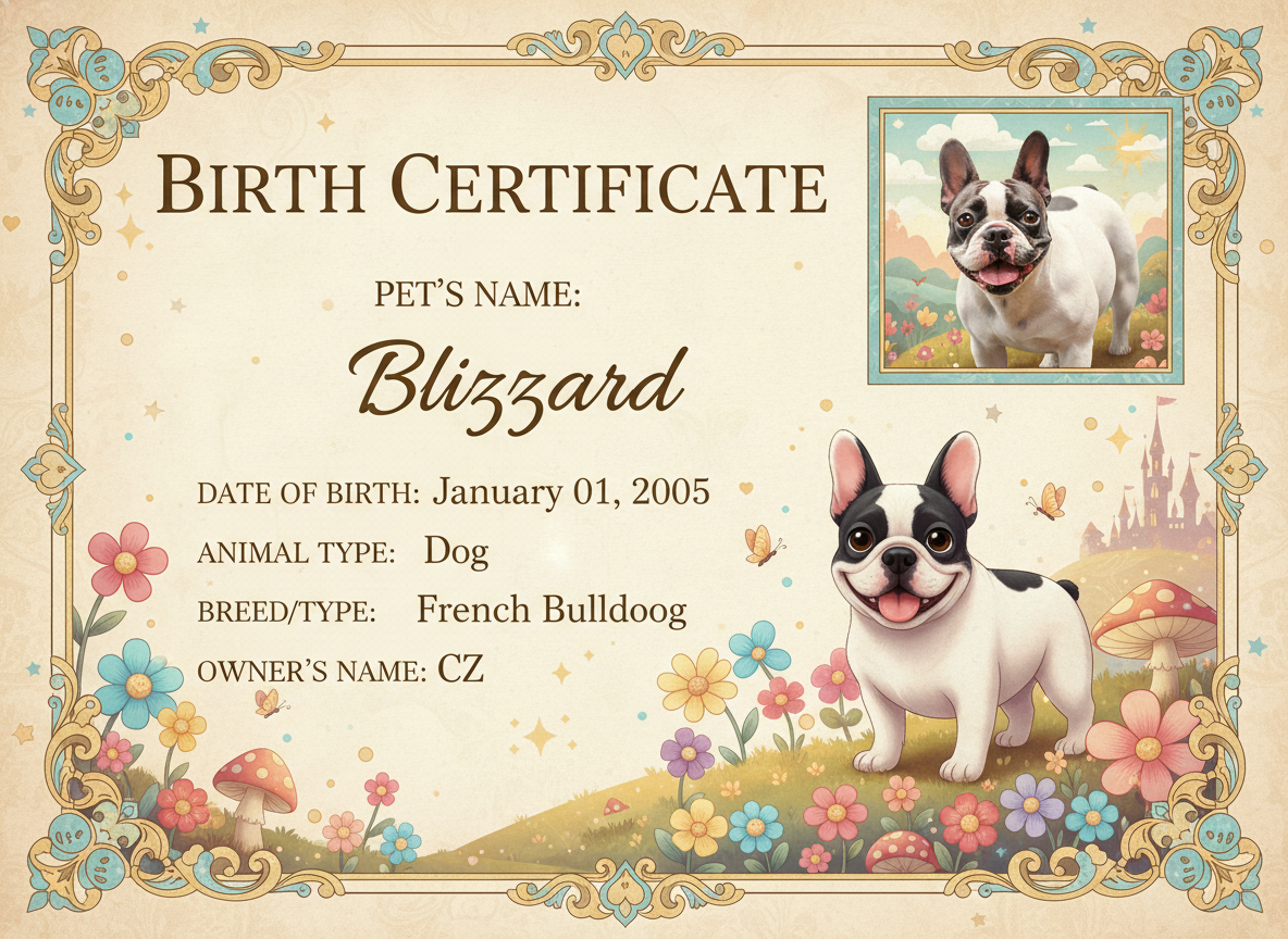 Pet Birth Certificate Example